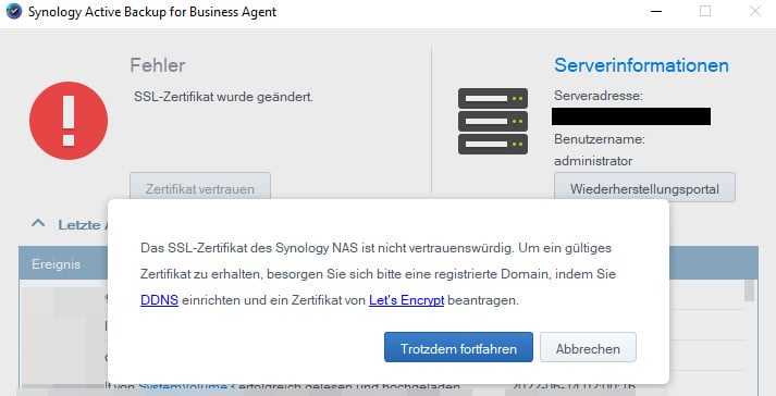 Synology Active Backup for Business SSL Error